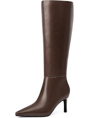 Women's Dark Brown Knee High Boots 2.5-Inch Stiletto Heel Boots Pointed Toe